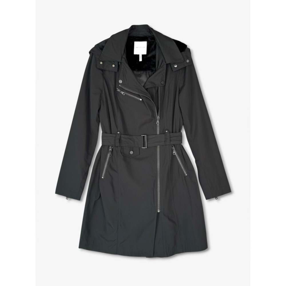 Avec Les Filles Belted Moto Trench Coat Black XS Removable Hood Biker
